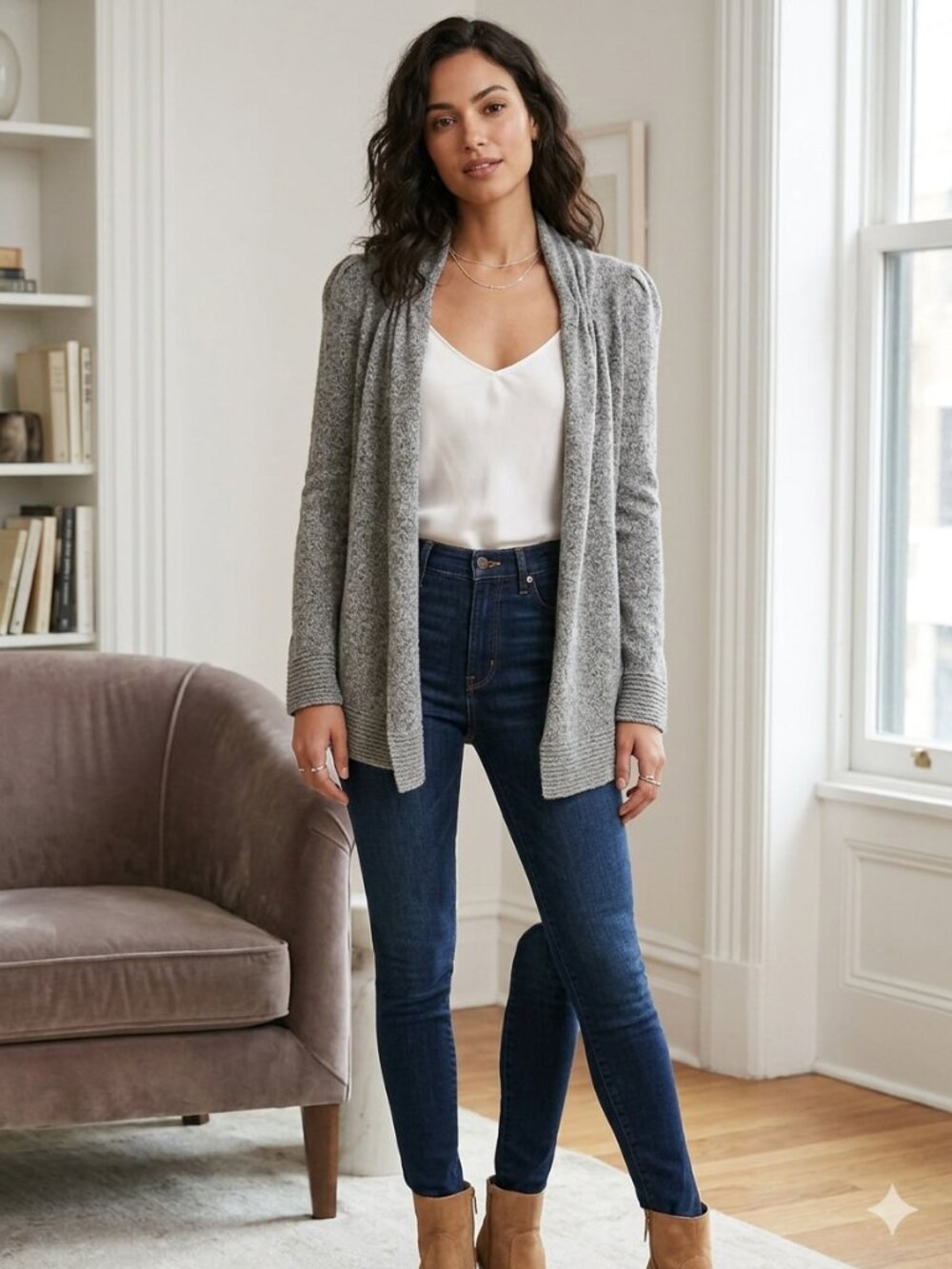Anthropologie Meguro River Wool Open Cardigan Puff Sleeve Gray Small EUC